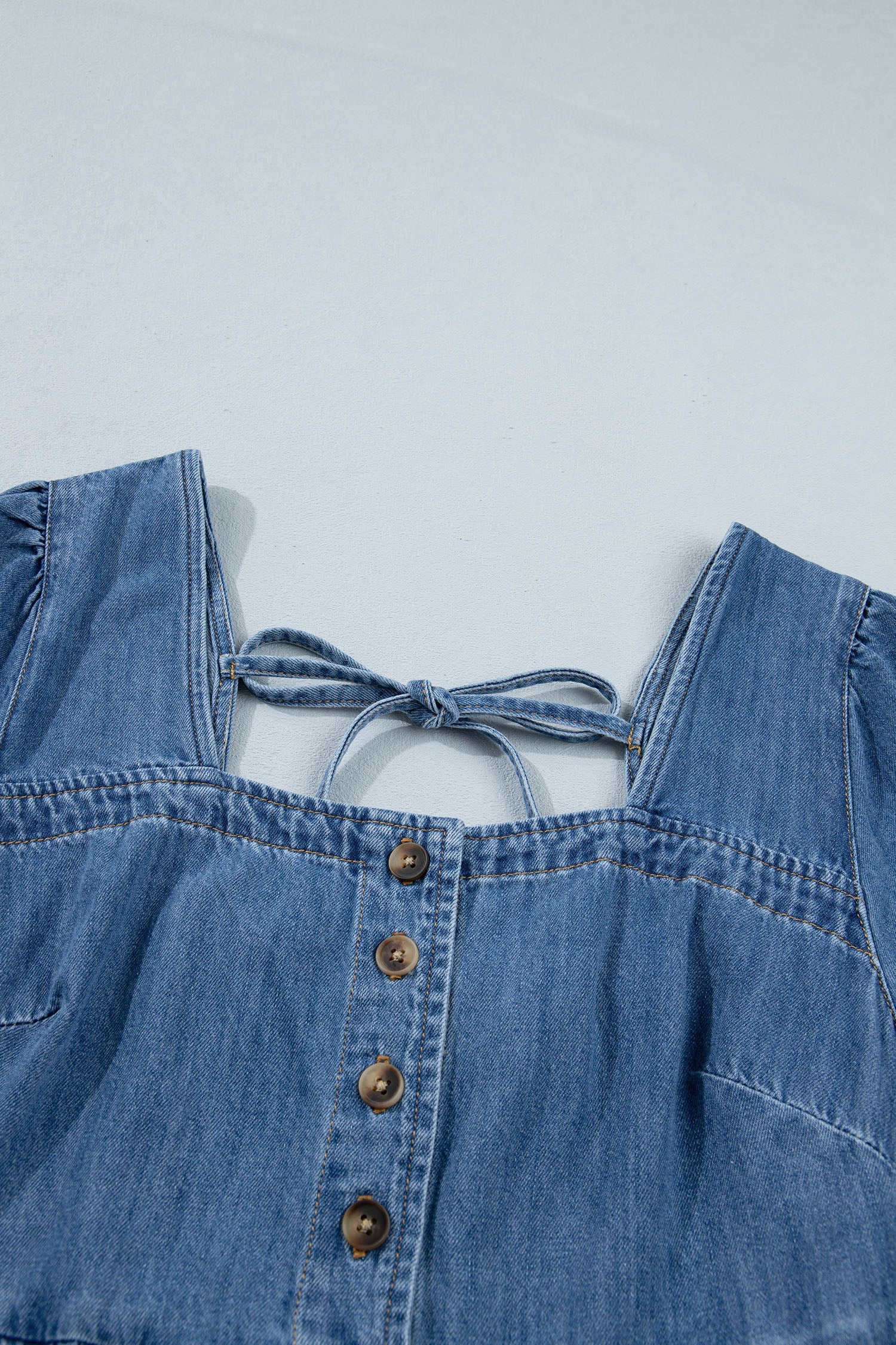 Prussian Blue Button Square Neck Short Puff Sleeve Denim Mini Dress