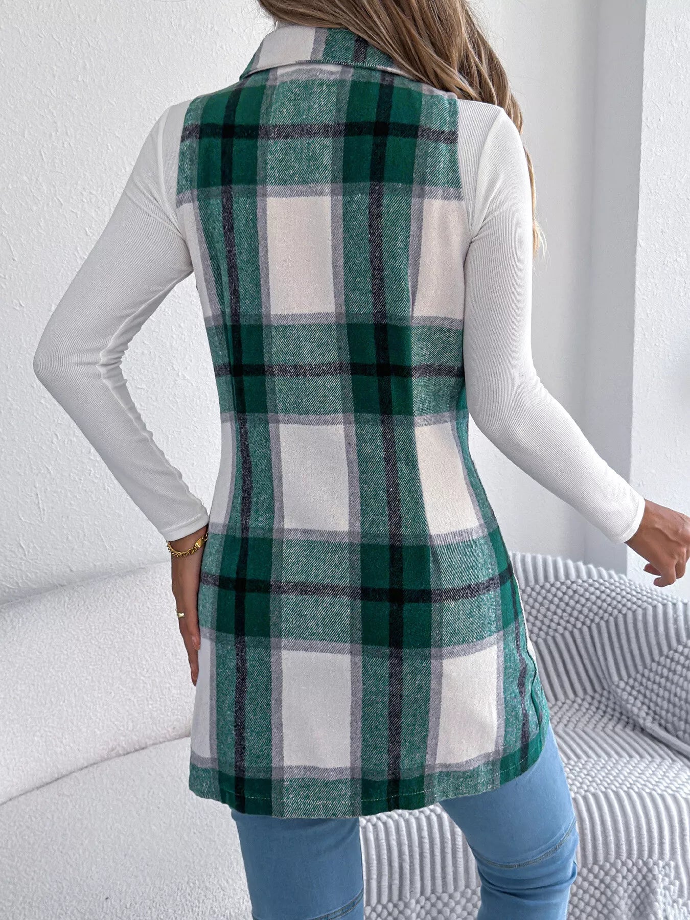 Women's Plaid Double-Breasted Vest Coat in Camel and White