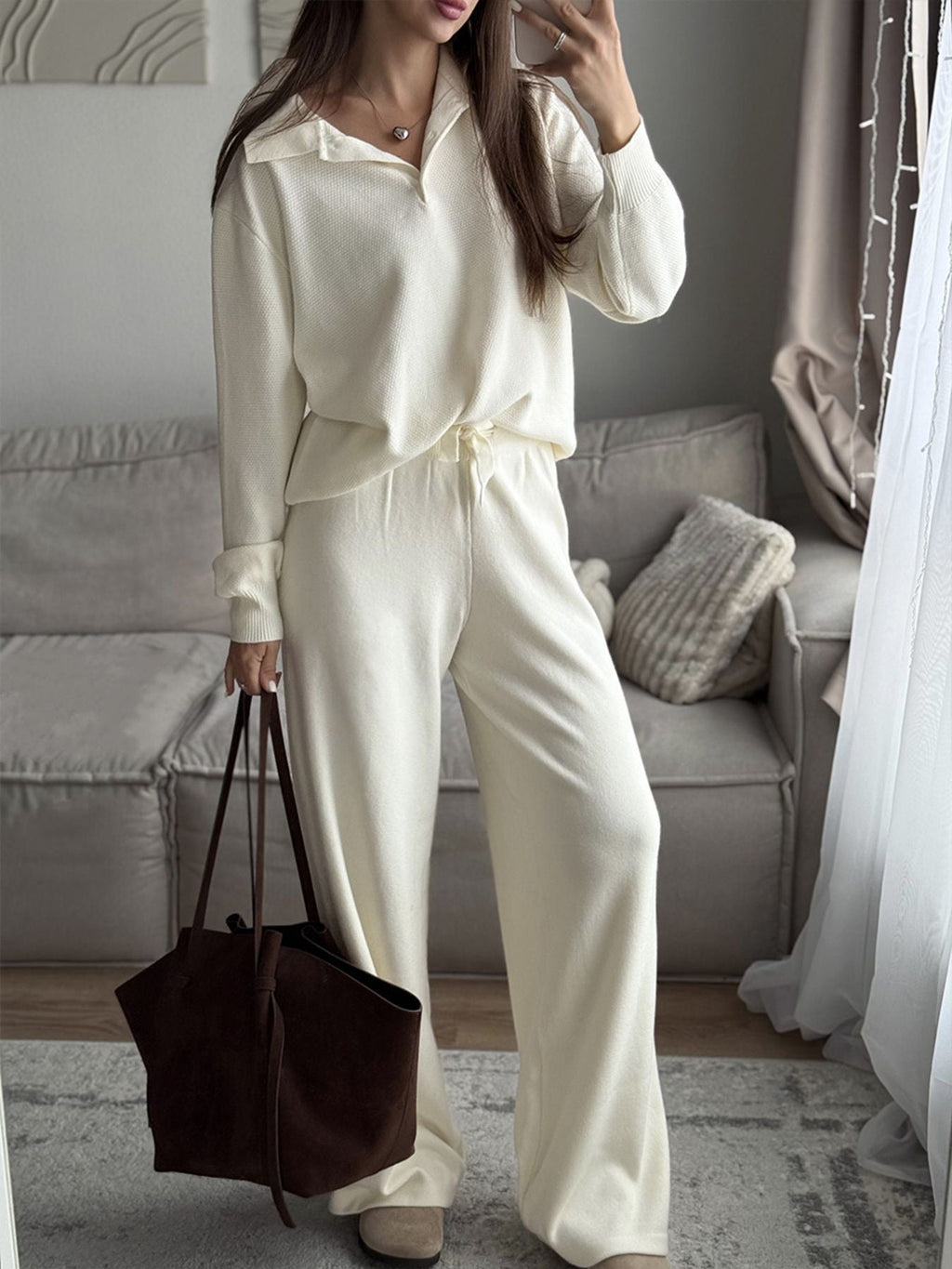 Women's Knit Polo Top and Wide Leg Pants Two-Piece Set