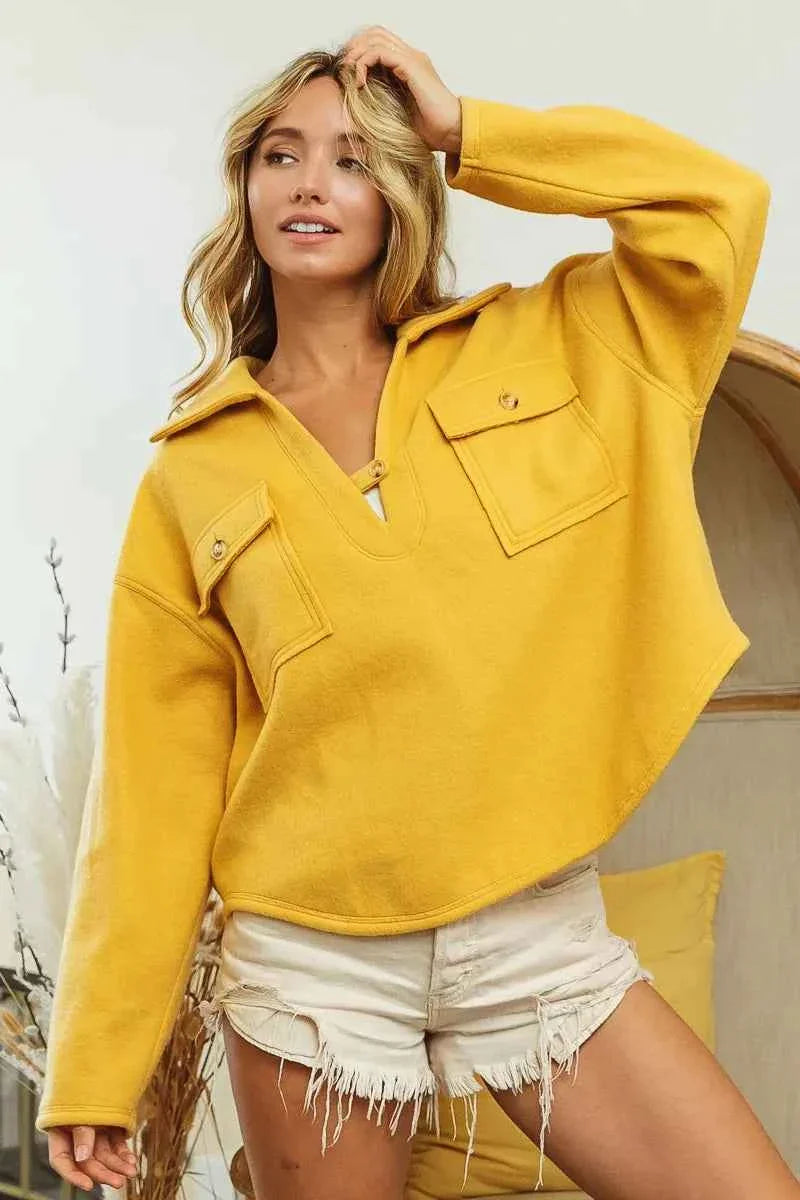 BiBi Fleece Collared Women's Sweatshirt with Flap Pockets