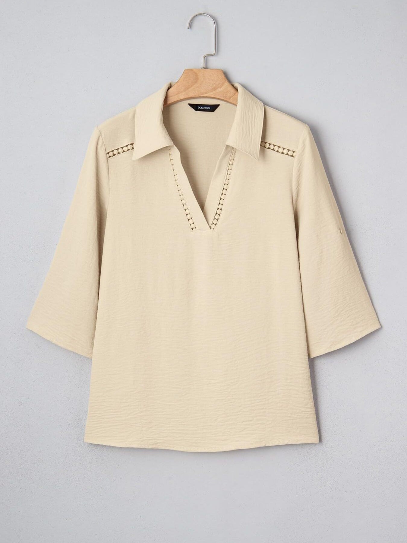 Women Johnny Collar Blouse with Cutout Details and Texture