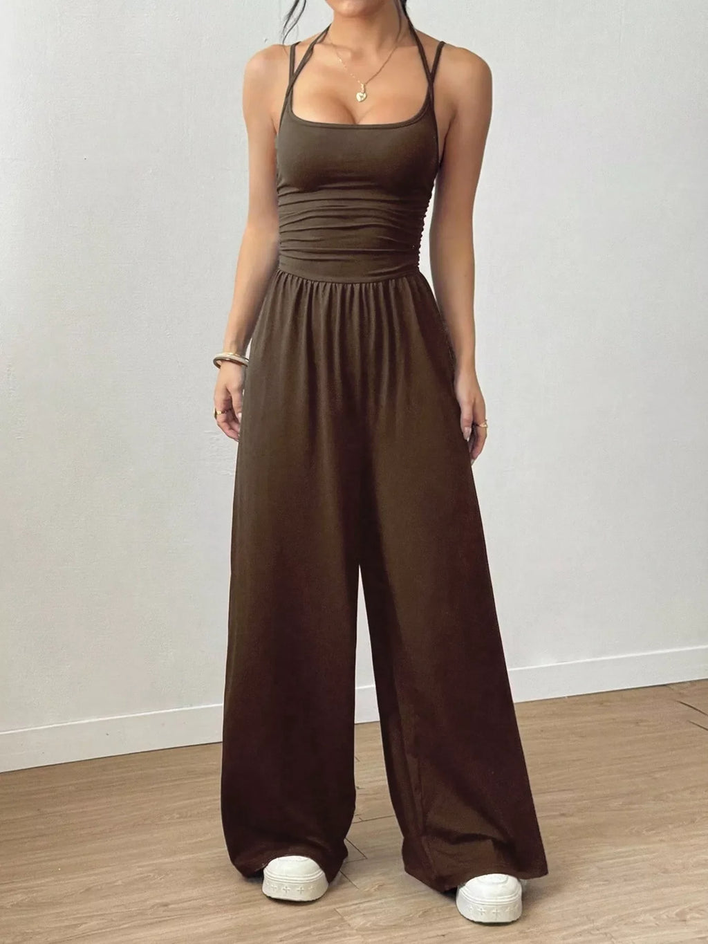 Women's Sleeveless Wide Leg Knit Jumpsuit in Grey and Brown