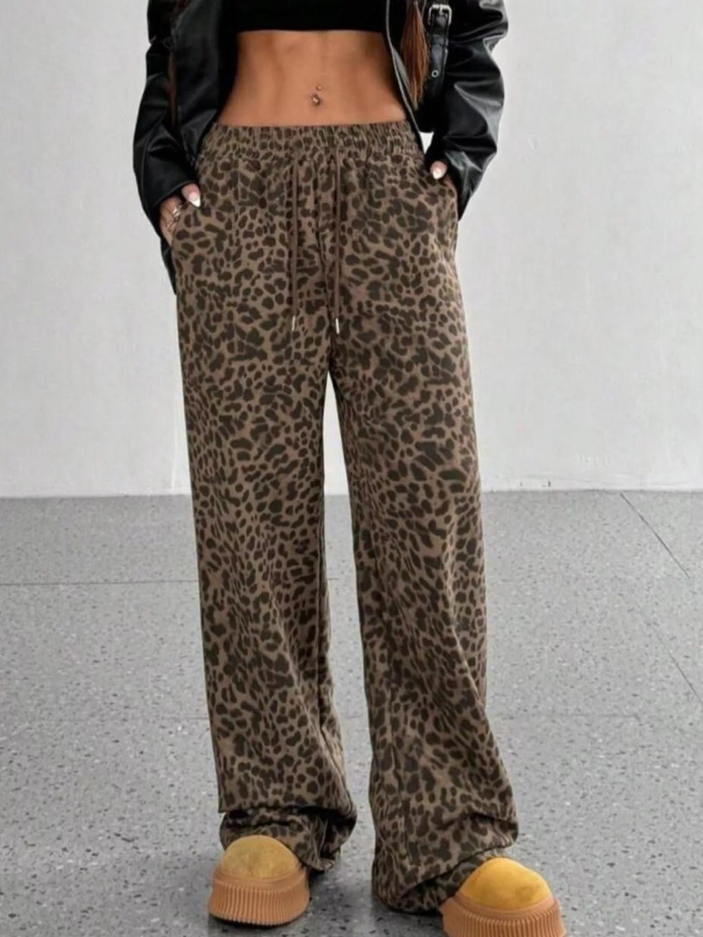 Women's Leopard Print Drawstring Wide Leg Pants Comfy Casual