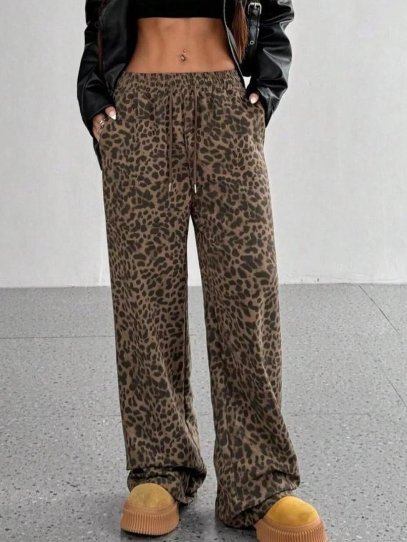 Women's Leopard Print Drawstring Wide Leg Pants Comfy Casual