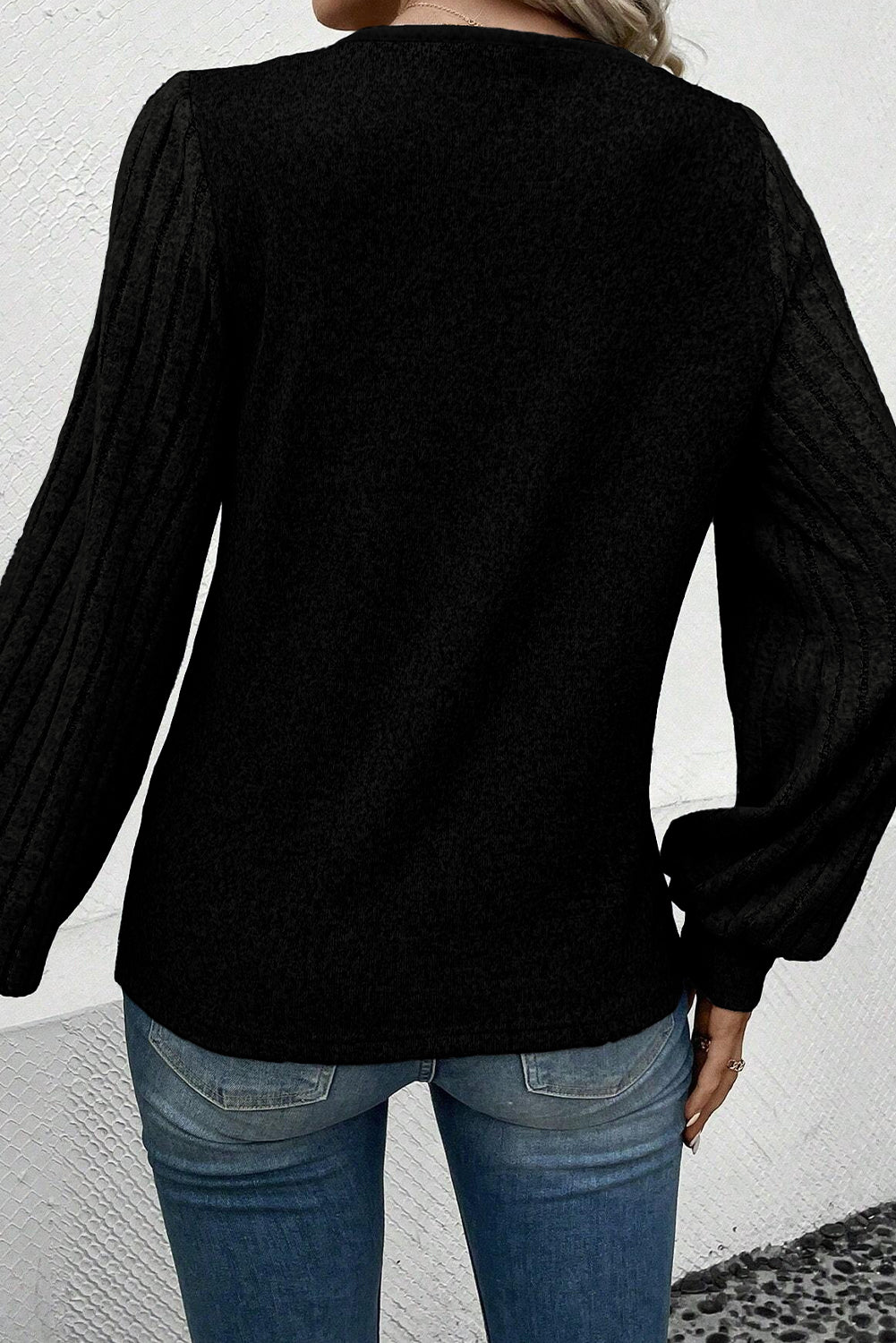 Light Grey Buttoned V Neck Ribbed Puff Sleeve  Women's Top