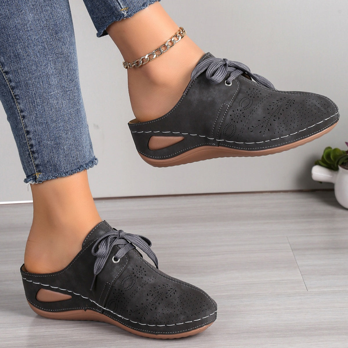 Women's Black Lace-Up Slip-On Mules Casual Comfort Wedge Shoes