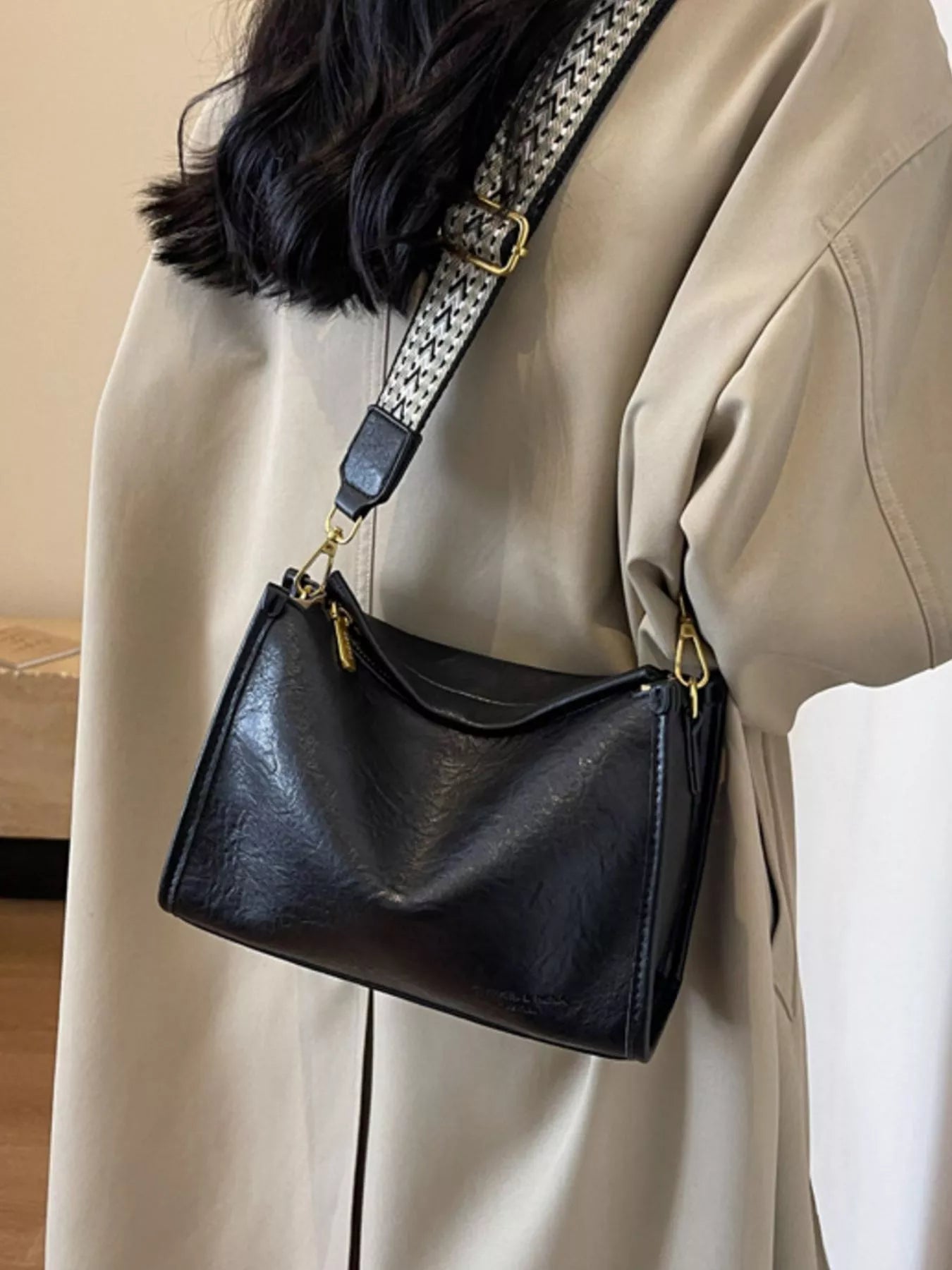 Wide Strap Crossbody Bag - Medium PU Leather