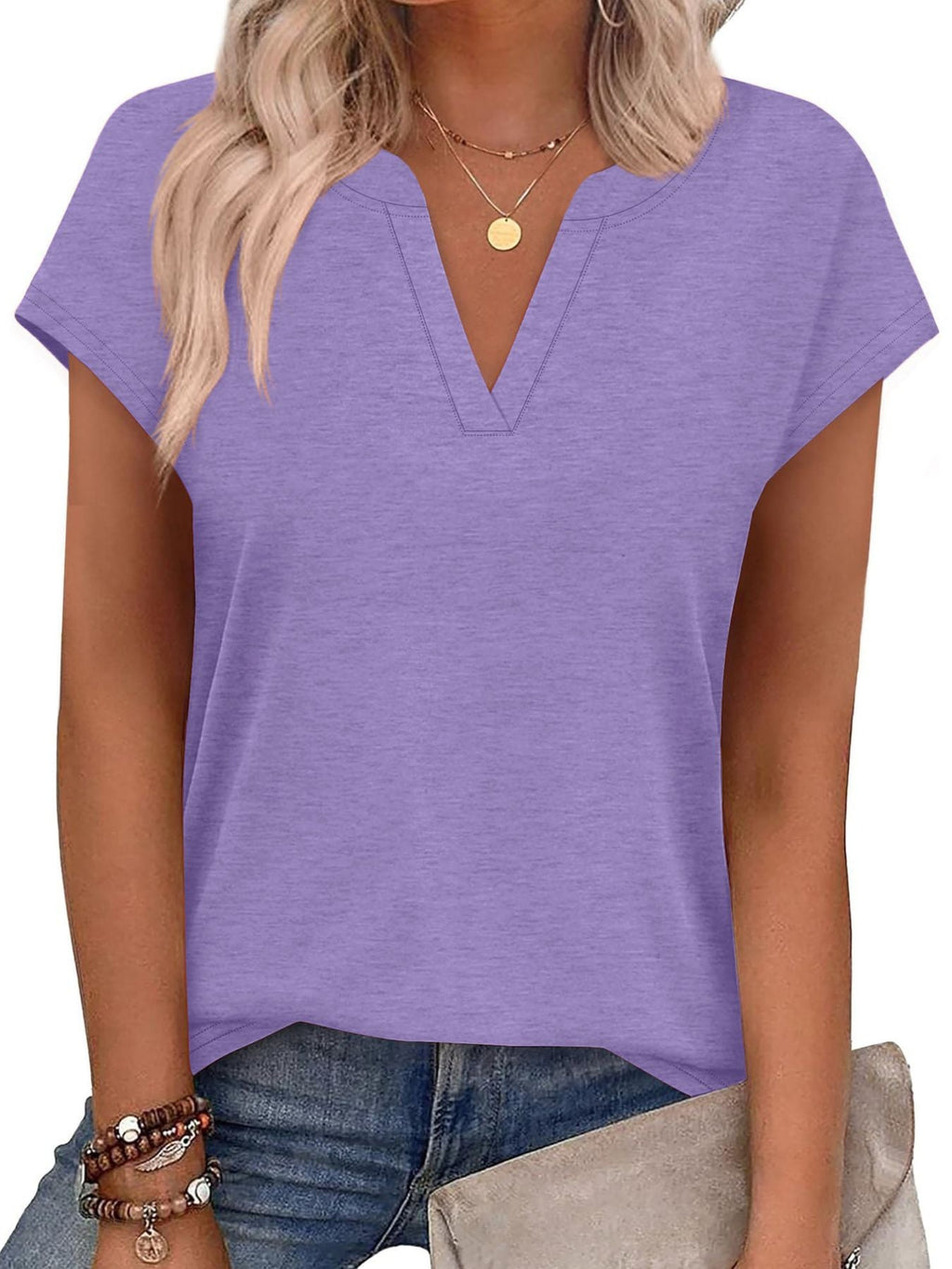 Women's Blue Notched Neck Short Sleeve Basic T-Shirt
