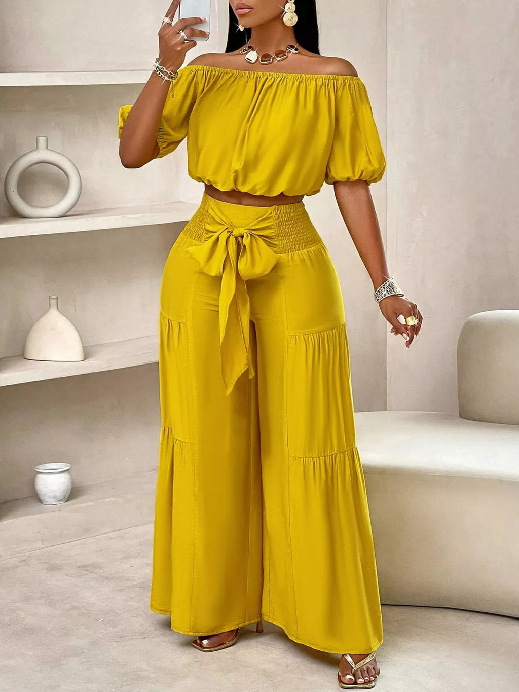 Yellow Off-Shoulder Crop Top and Ruched Wide Leg Pants Set