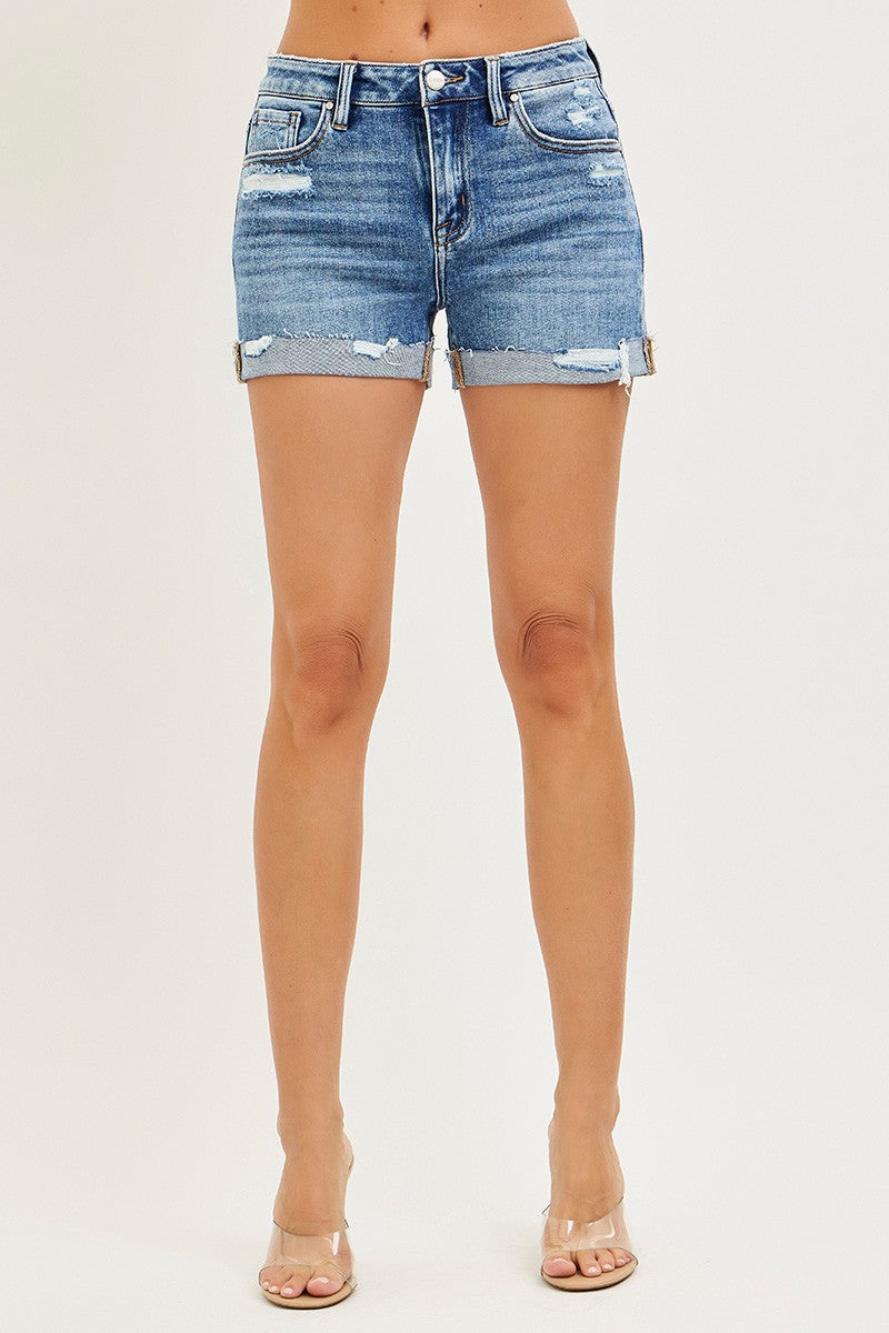 RISEN Mid Rise Cuffed Distressed Denim Shorts