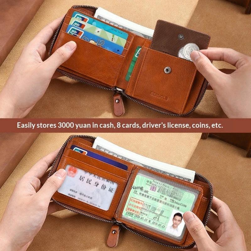 Men's Cowhide Wallet With Multiple Card Slots And A Zipper
