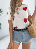 Women's Cream Heart Pattern Short Sleeve Knit Sweater Top