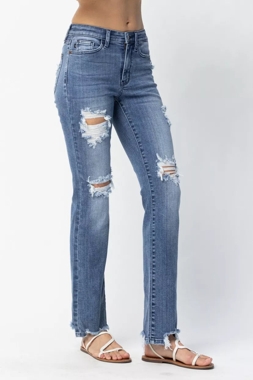Judy Blue Plus Size Mid Rise Destroyed Straight Jeans Distressed Everyday Look For Women