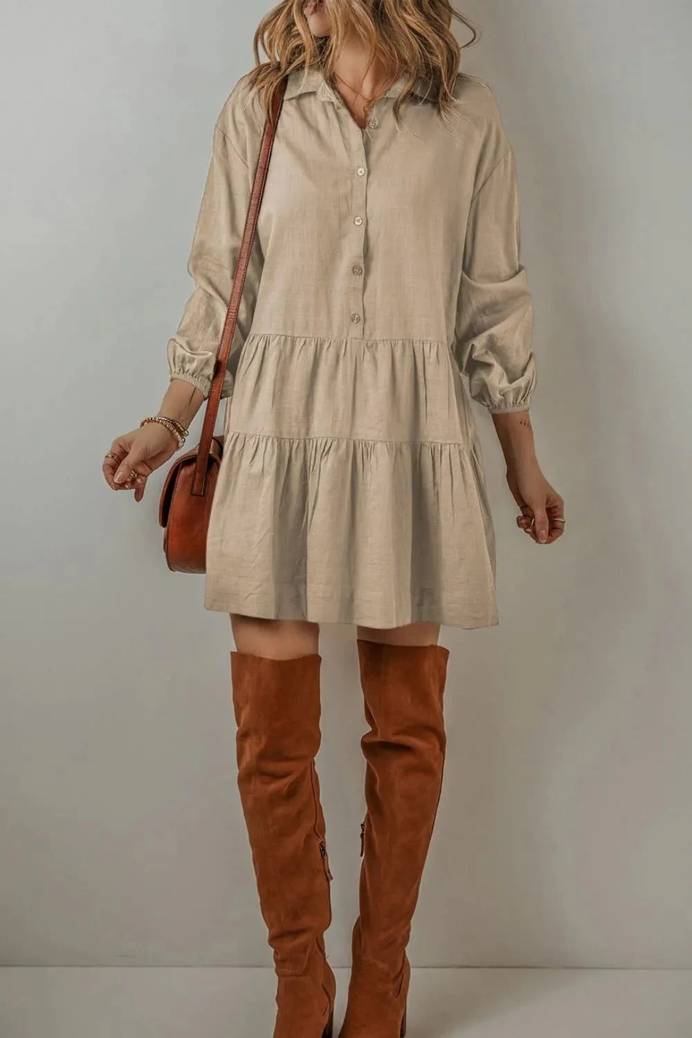 Tiered Balloon Sleeve Dress with Collared Neck Design