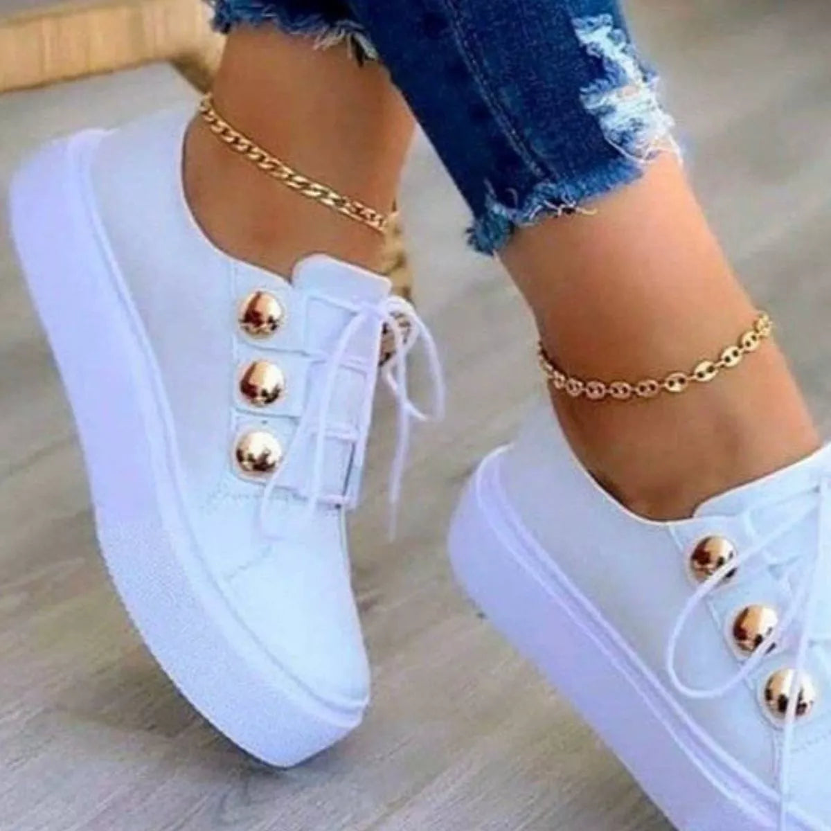 Women's Black Platform Sneakers with Gold Button Details
