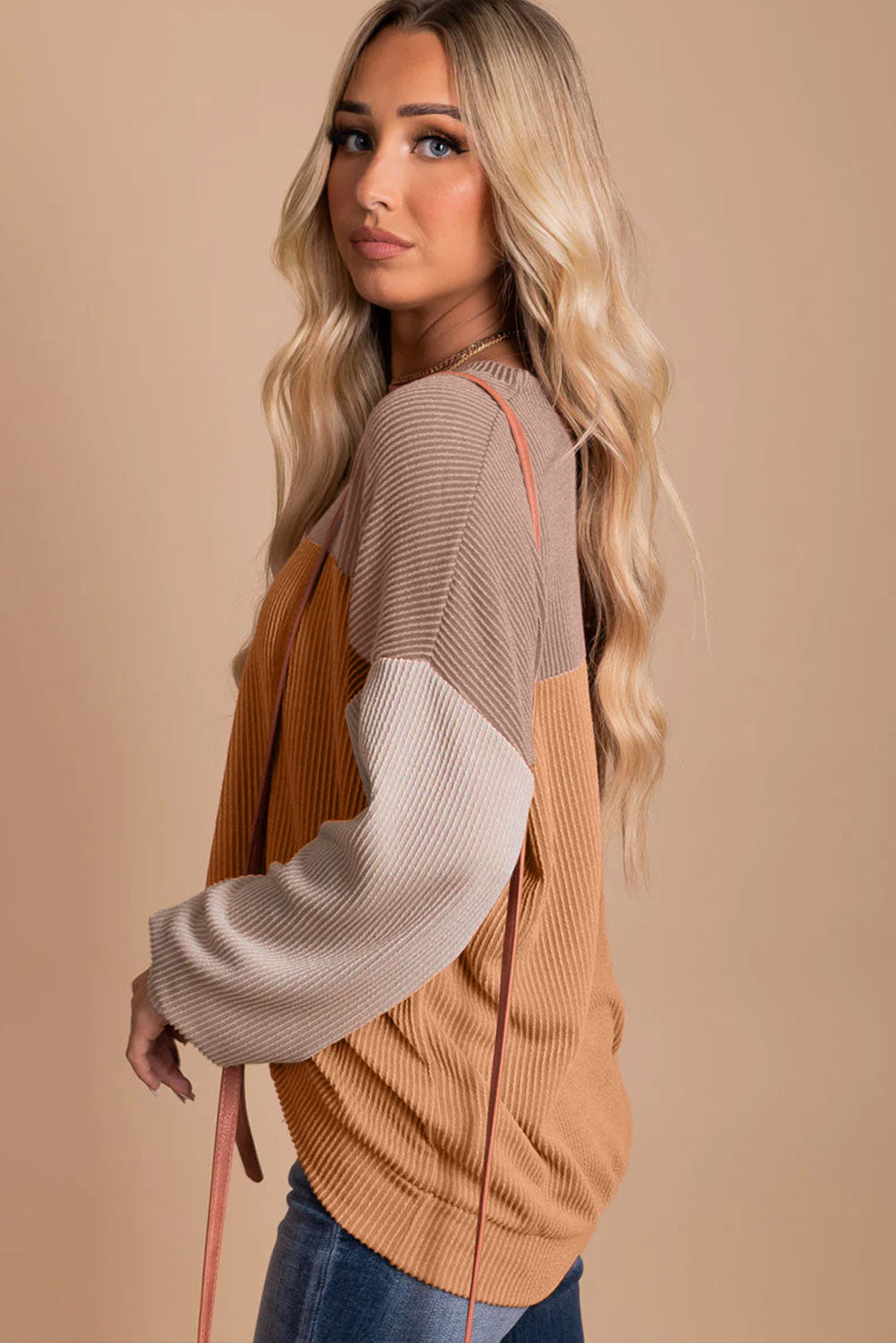 Khaki Color Block Long Sleeve Ribbed Loose Women's Top