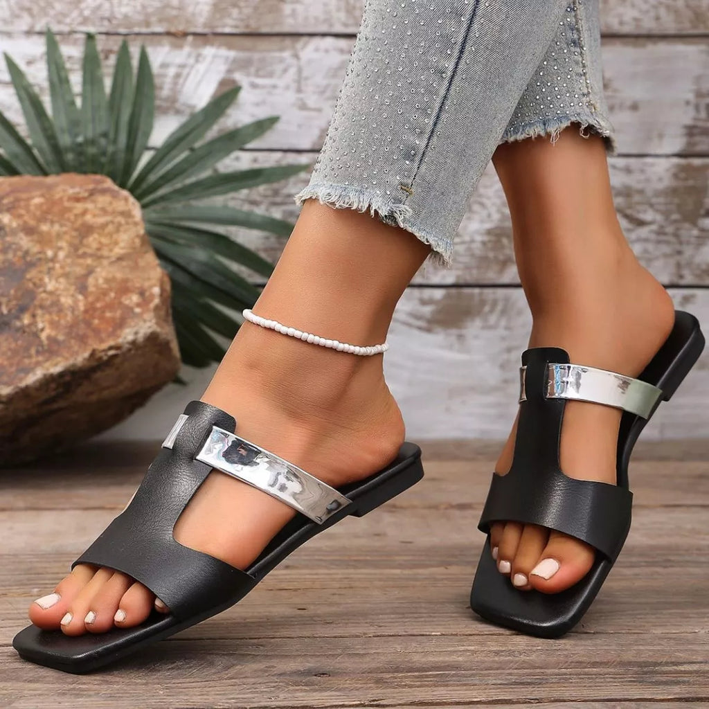 Women's Black Double Strap Open Toe Flat Sandals