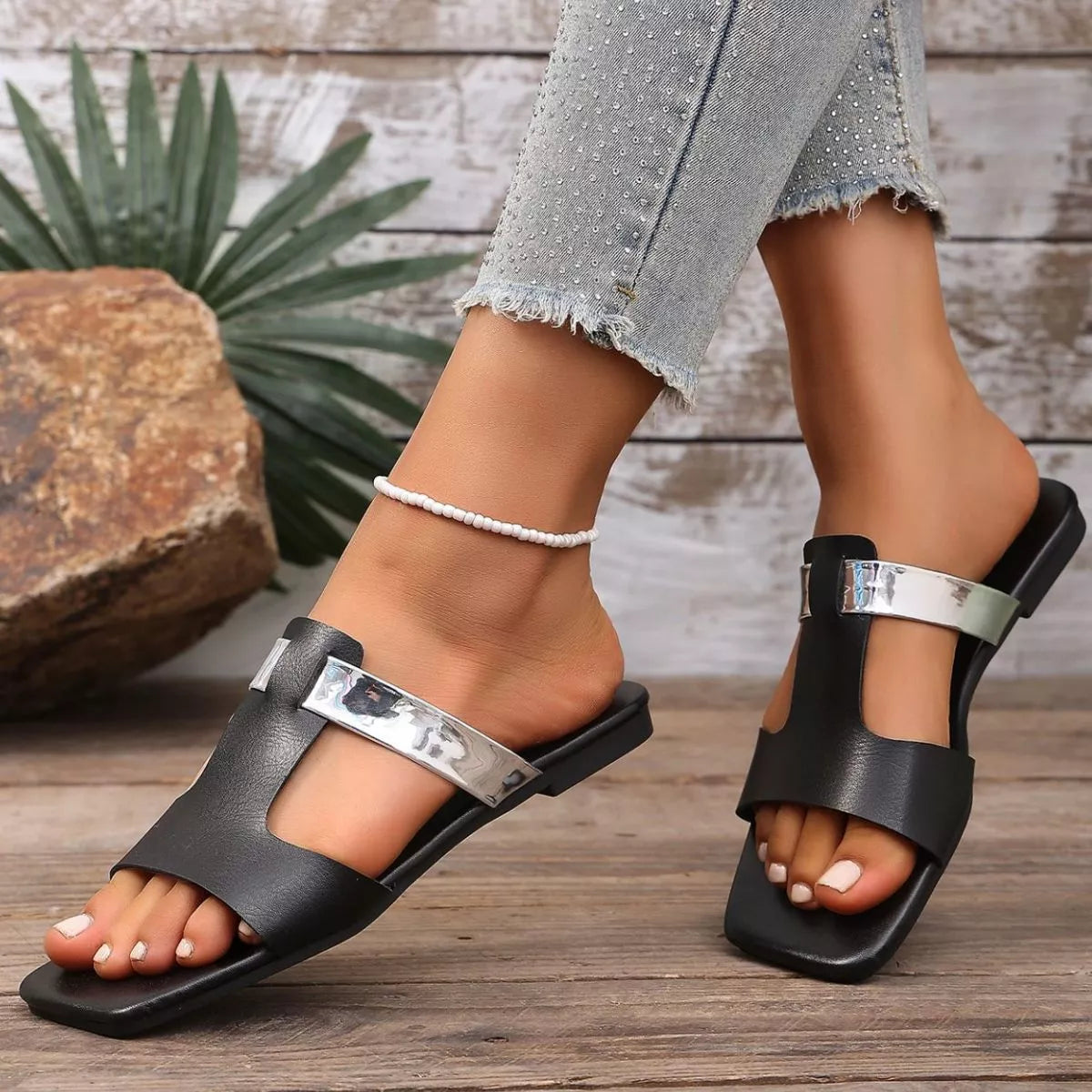 Women's Black Double Strap Open Toe Flat Sandals
