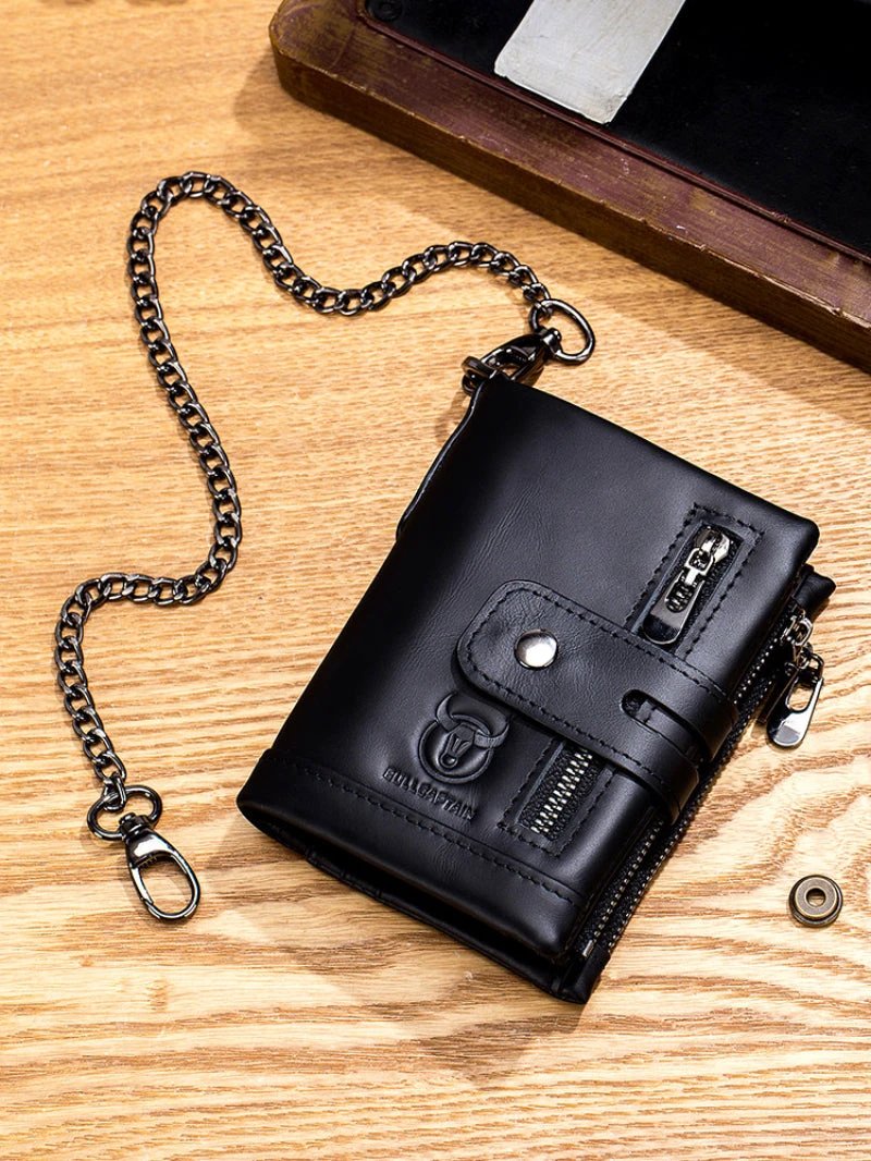 Men's Retro Genuine Leather Wallet Compact Bifold With Dual Zippers
