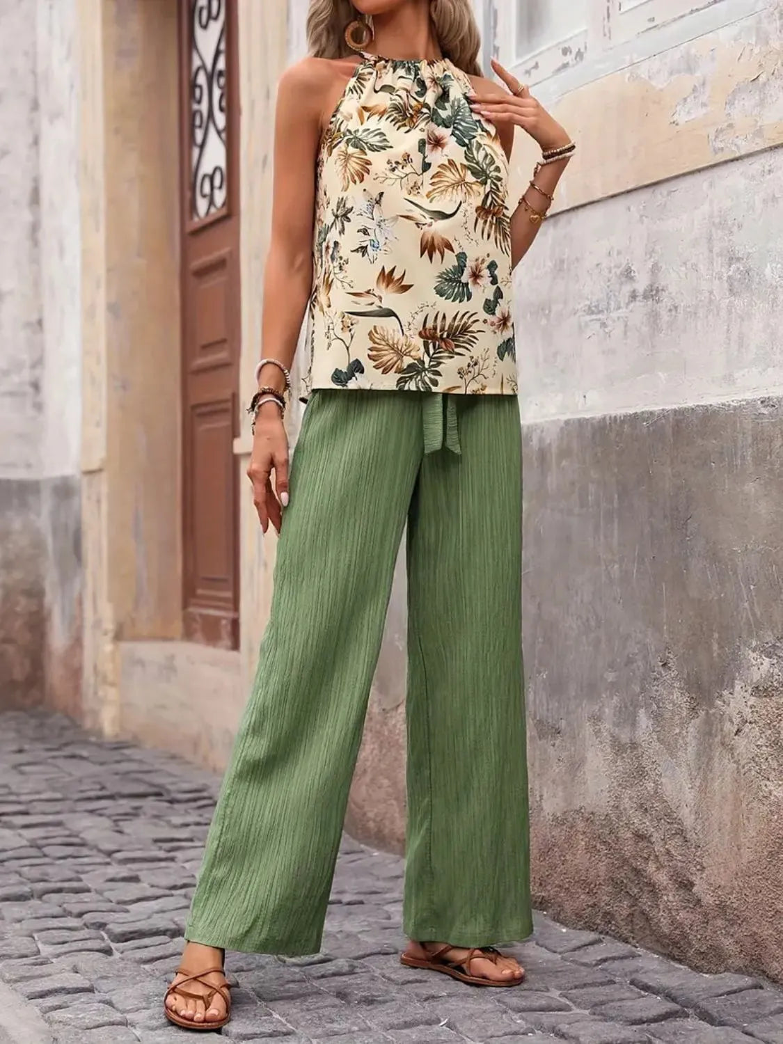 Printed Tank Top and Wide Leg Pants Set