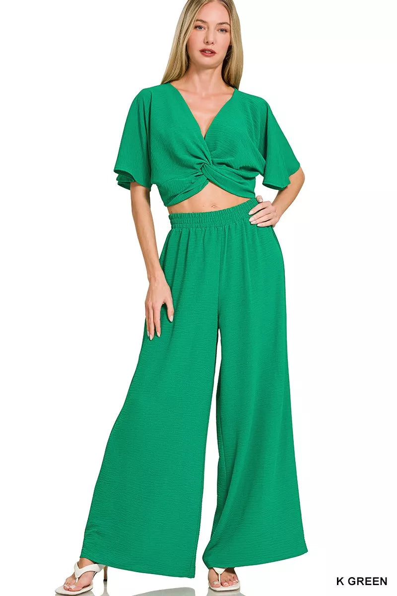 Woven Airflow Twisted Top & Wide Leg Pants Set