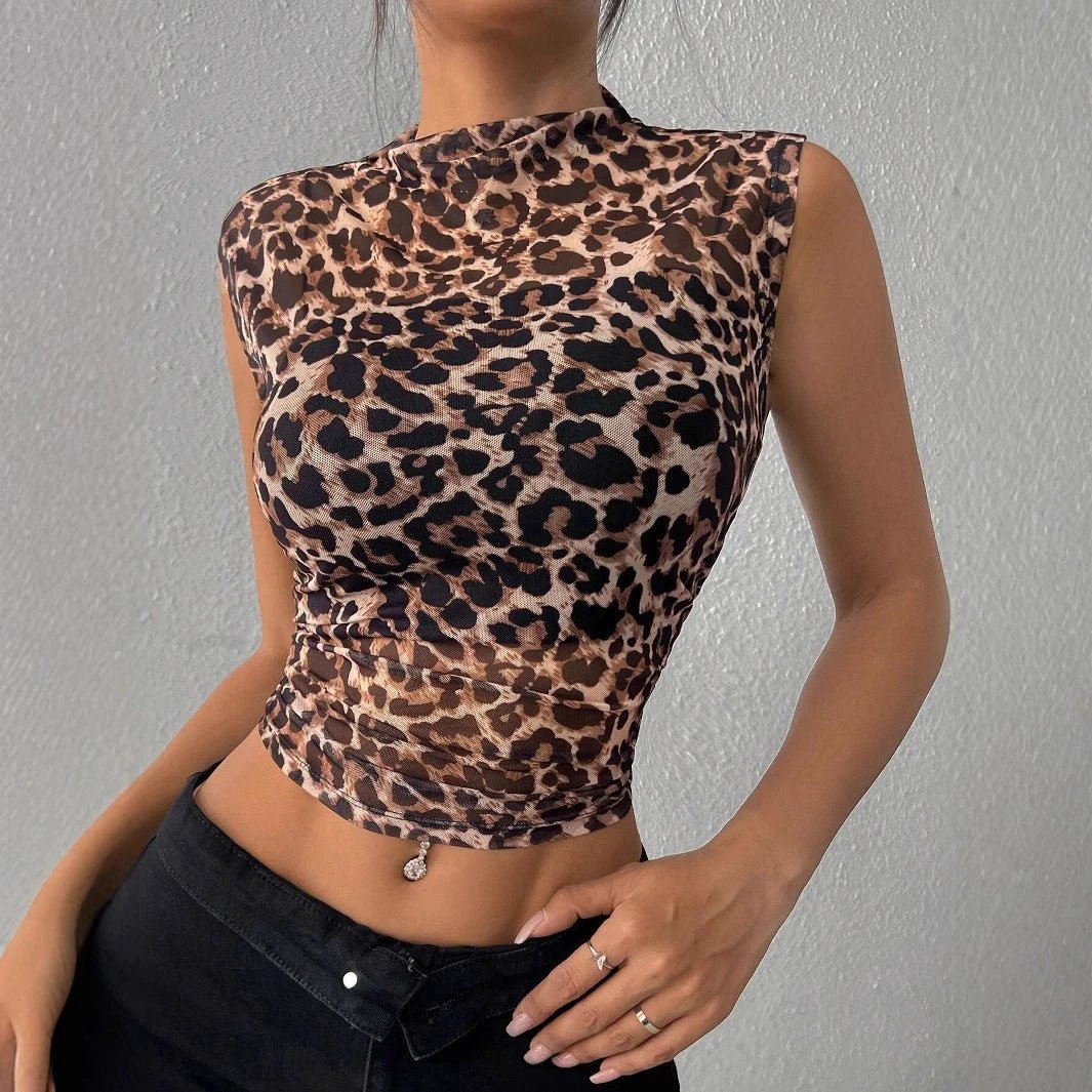 Slim Sleeveless Leopard Print Women's T-shirt