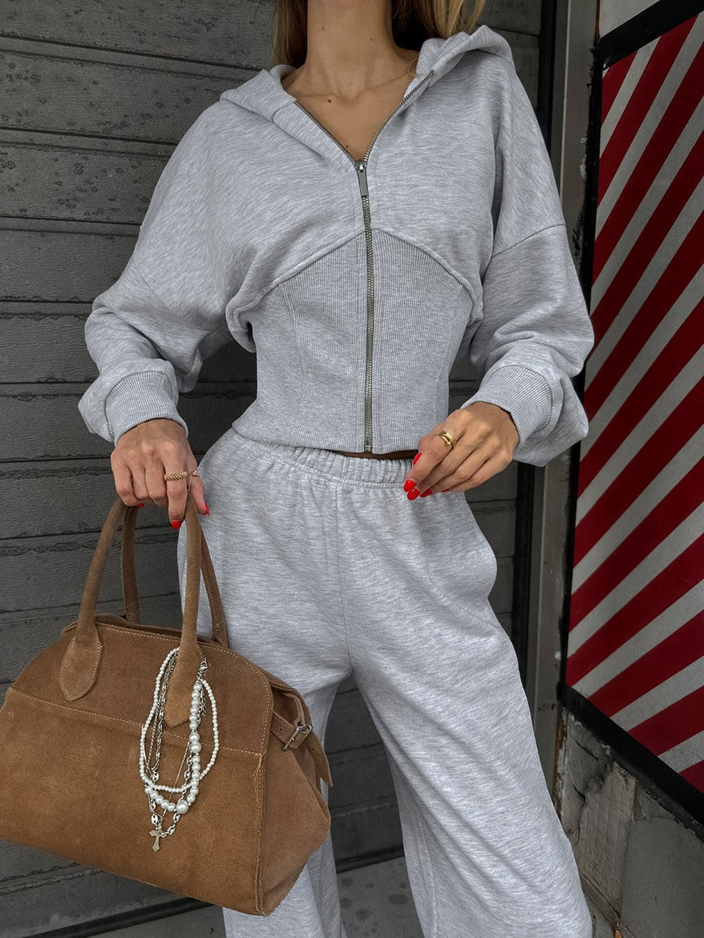 Zip Up Hoodie & Wide Leg Pants Set Heather Gray