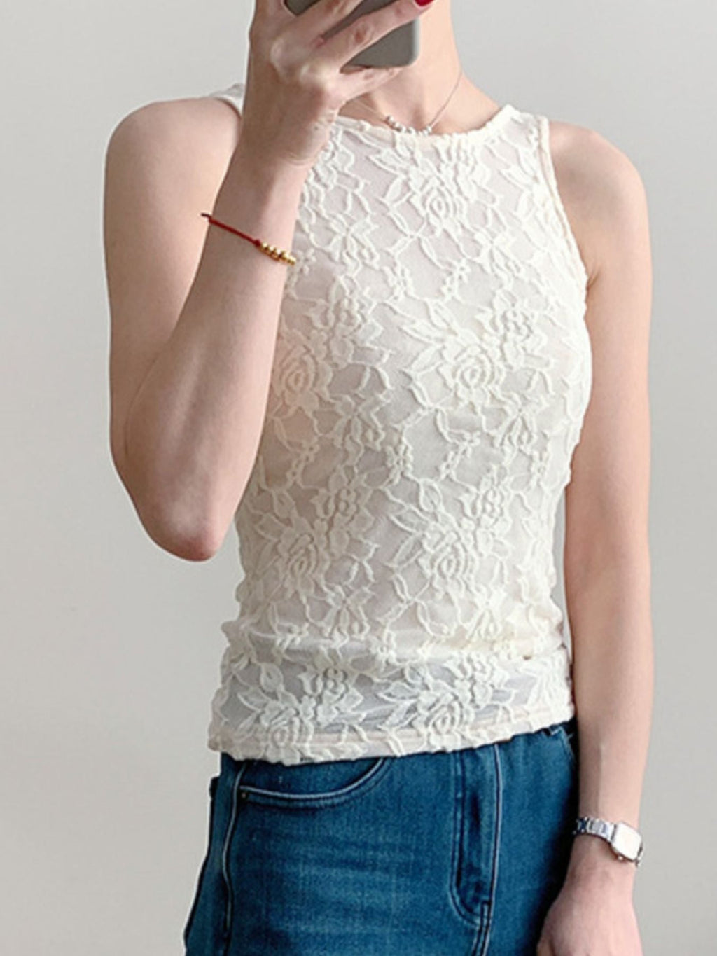 Women's Sheer Floral Lace Round Neck Tank Top in Ivory