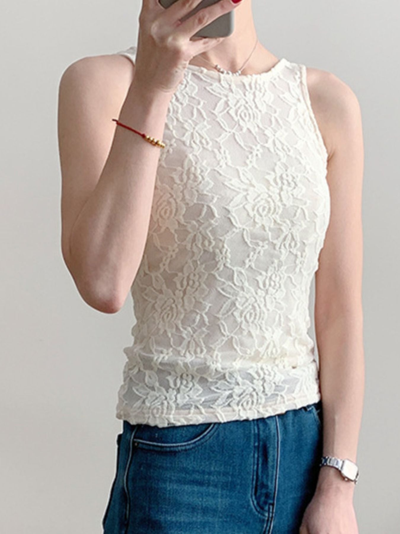 Women's Sheer Floral Lace Round Neck Tank Top in Ivory