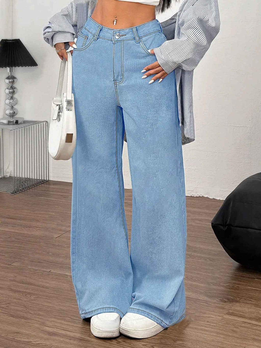 Embroidered Wide Leg Jeans with Bow Back
