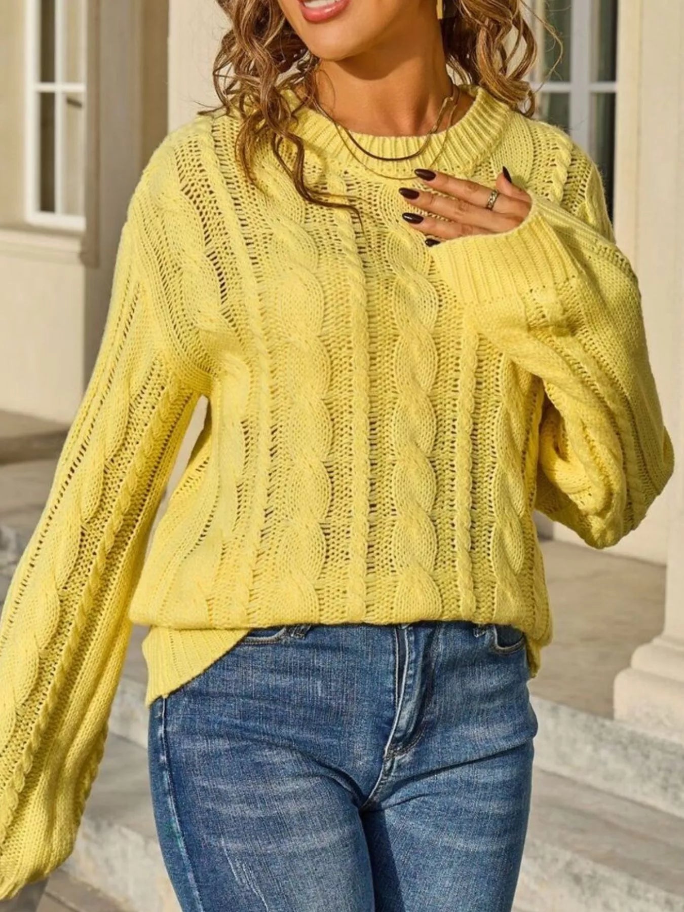 Women's White Cable Knit Long Sleeve Openwork Sweater