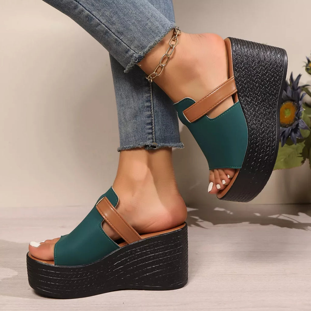 Women's Open Toe Platform Wedge Sandals PU Leather Slide Heels