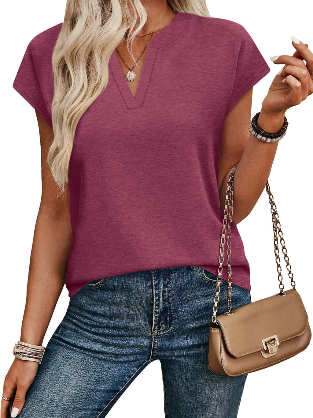 Women's Blue Notched Neck Short Sleeve Basic T-Shirt