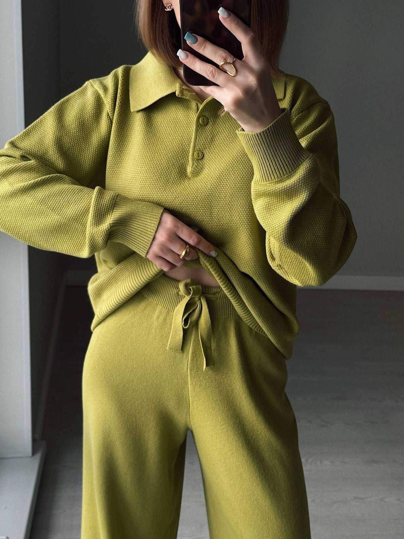 Women's Knit Polo Top and Wide Leg Pants Two-Piece Set