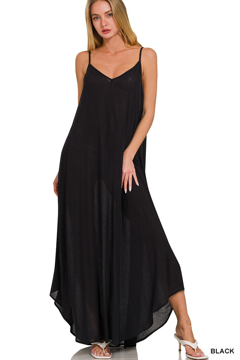 Zenana Woven Crinkle Cami Maxi Dress Black