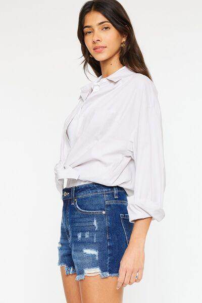 Kancan High Rise Frayed Hem Denim Shorts for Women