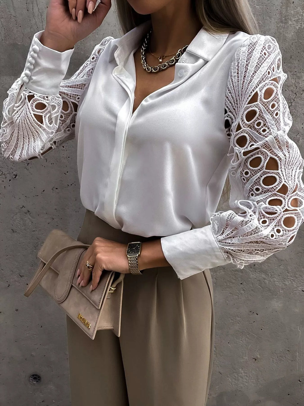 Lace Sleeve Collared Neck Women's Blouse