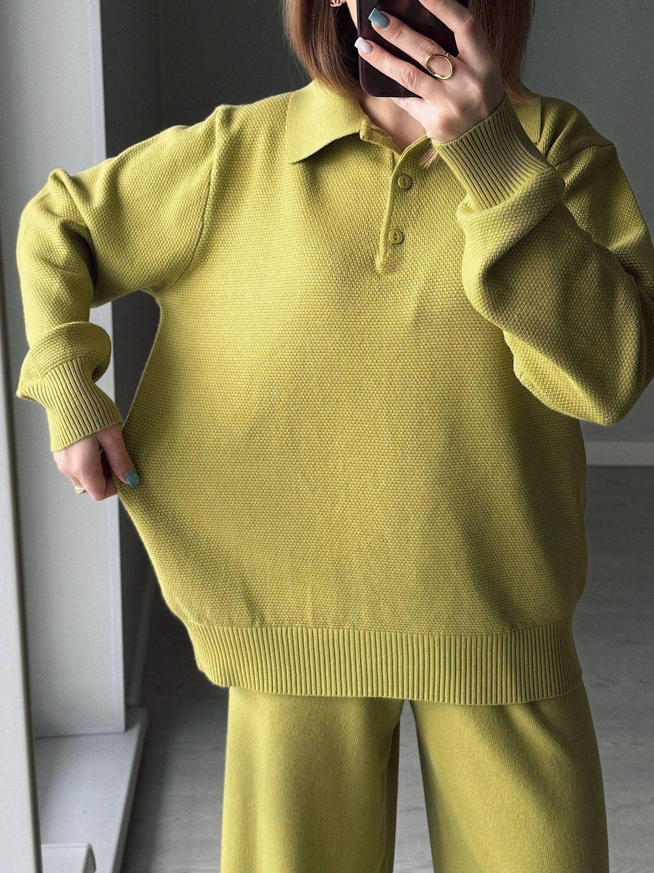 Women's Knit Polo Top and Wide Leg Pants Two-Piece Set