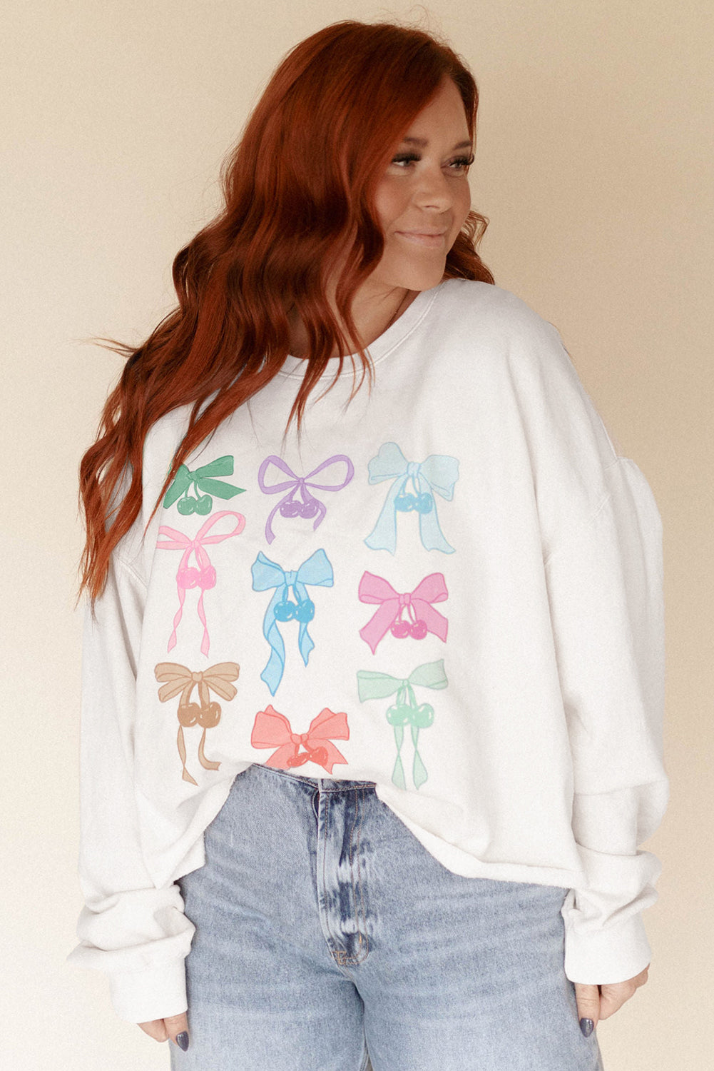 Bowknot Pattern Women's Sweatshirt - White Drop Shoulder Loose Fit