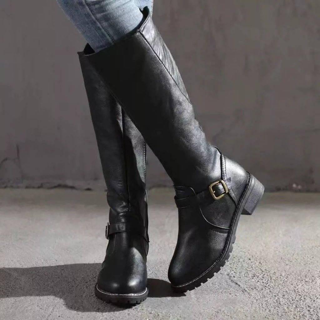 Women's Round Toe Knee High Buckle Boots Low Heel Fashion