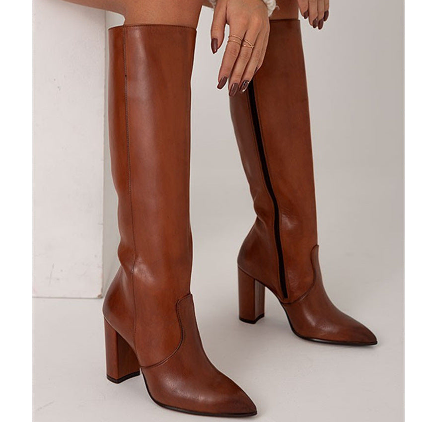 Women's Thigh High Boots – Pointed Toe Chunky Heel Side Zip | Brown & Black | Sizes 34–43