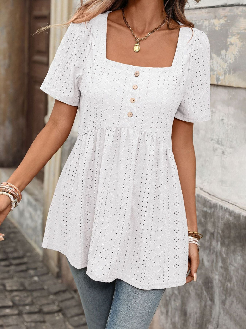 Women's Eyelet Square Neck Short Sleeve Ruched Peplum Top