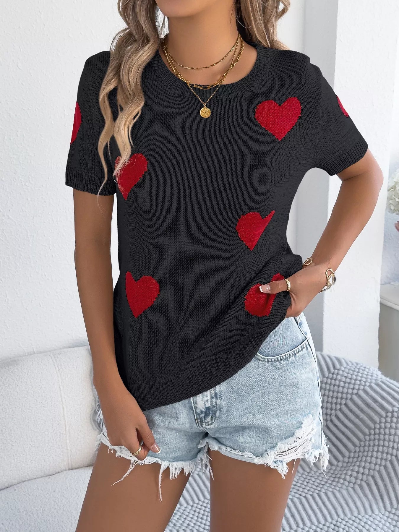 Women's Cream Heart Pattern Short Sleeve Knit Sweater Top