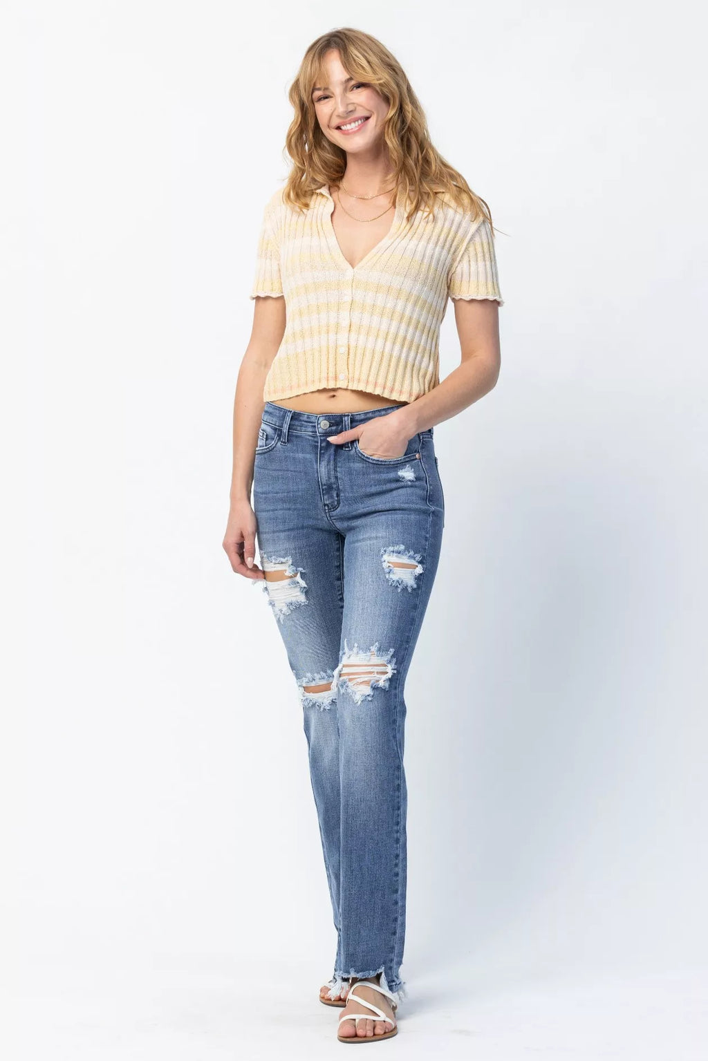 Judy Blue Plus Size Mid Rise Destroyed Straight Jeans Distressed Everyday Look For Women