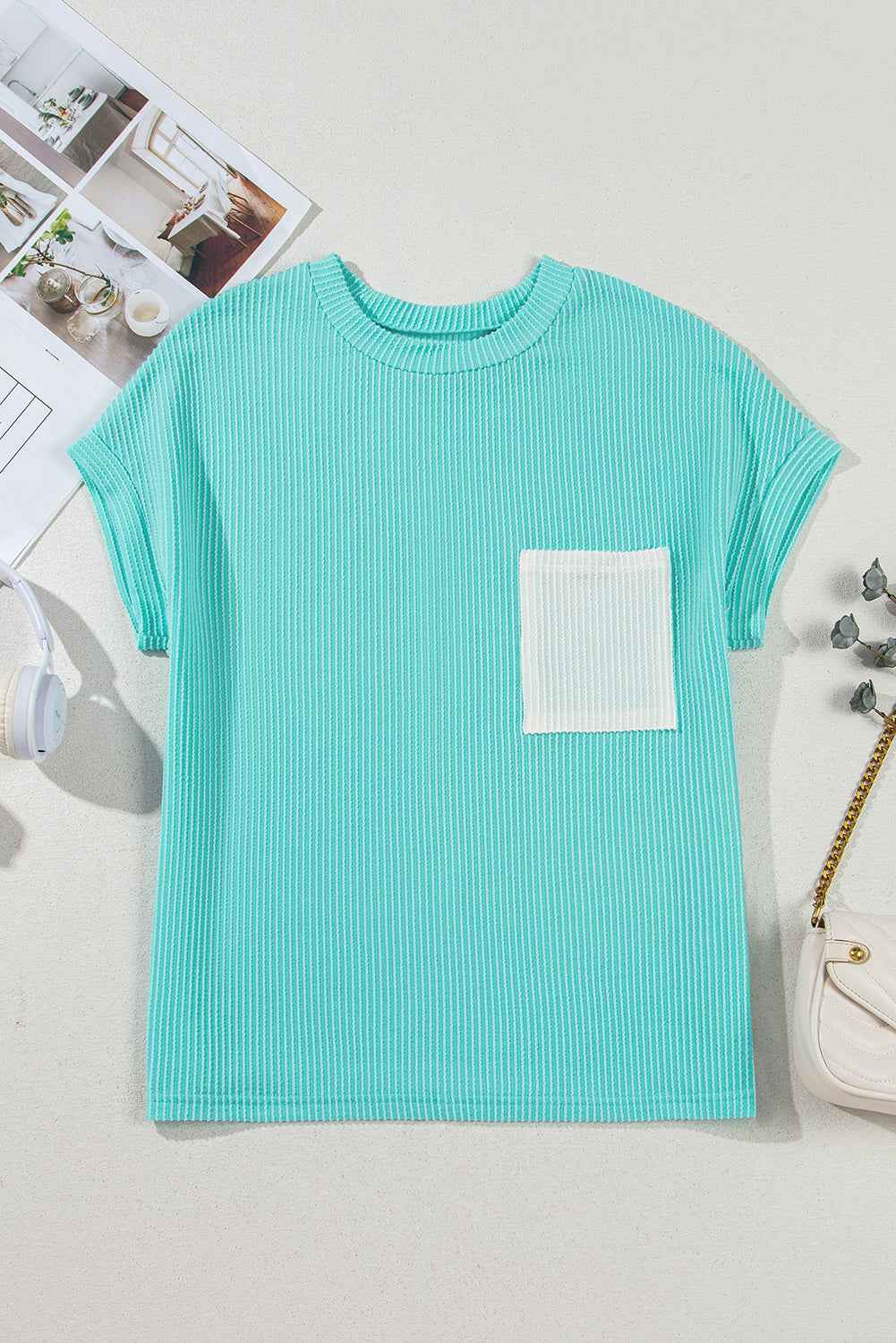 Light Blue Corded Color block Pocket Crew Neck Women's T-Shirt