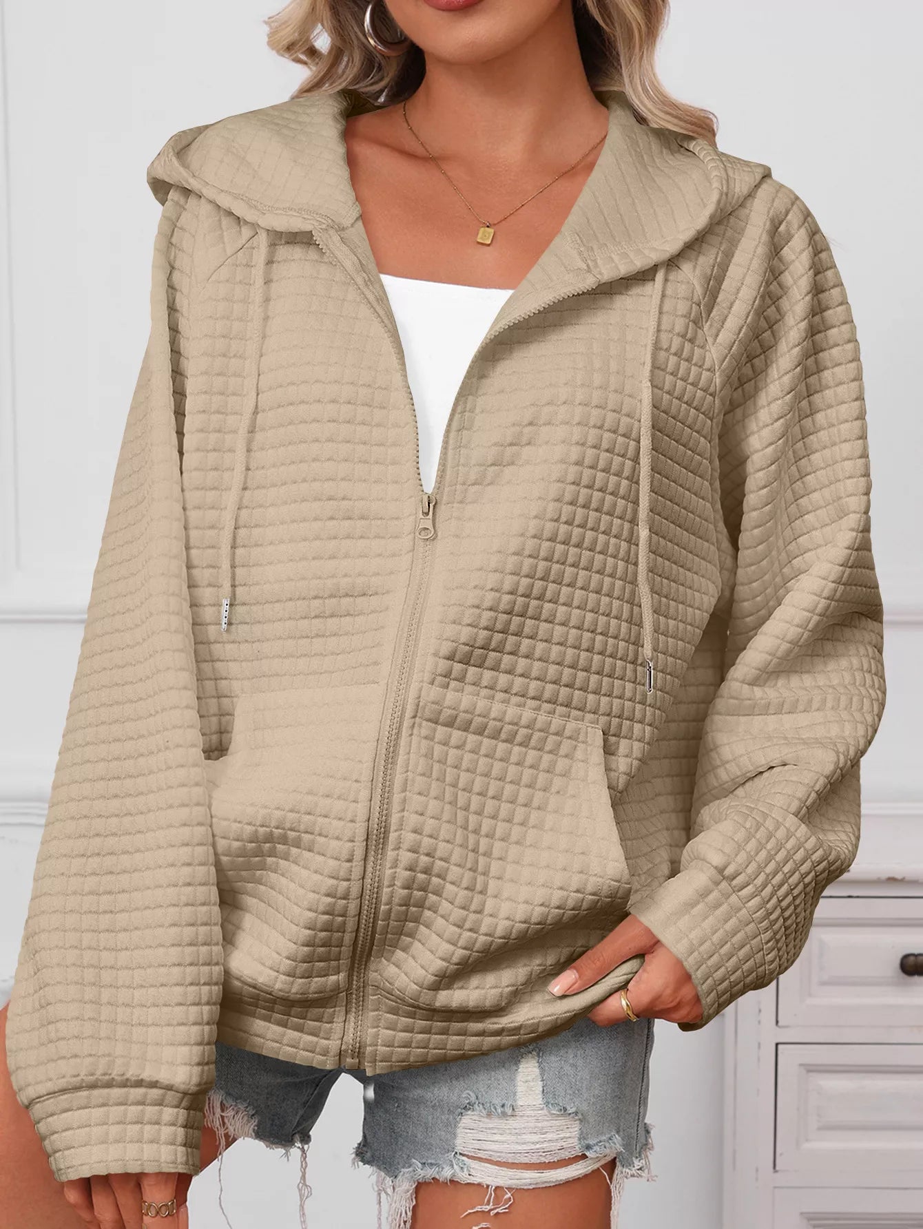 White Quilted Zip-Up Hooded Jacket with Drawstring