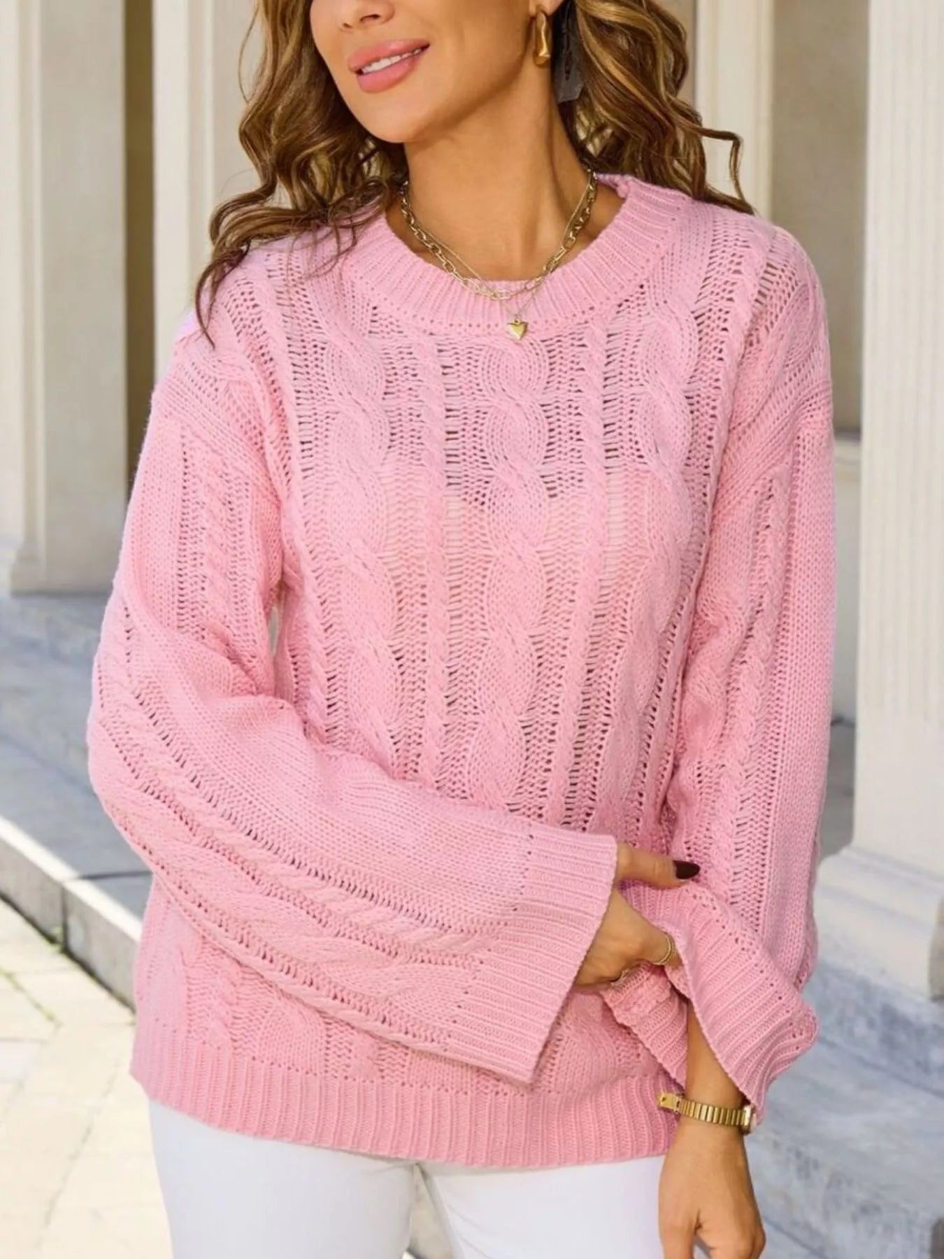 Women's White Cable Knit Long Sleeve Openwork Sweater