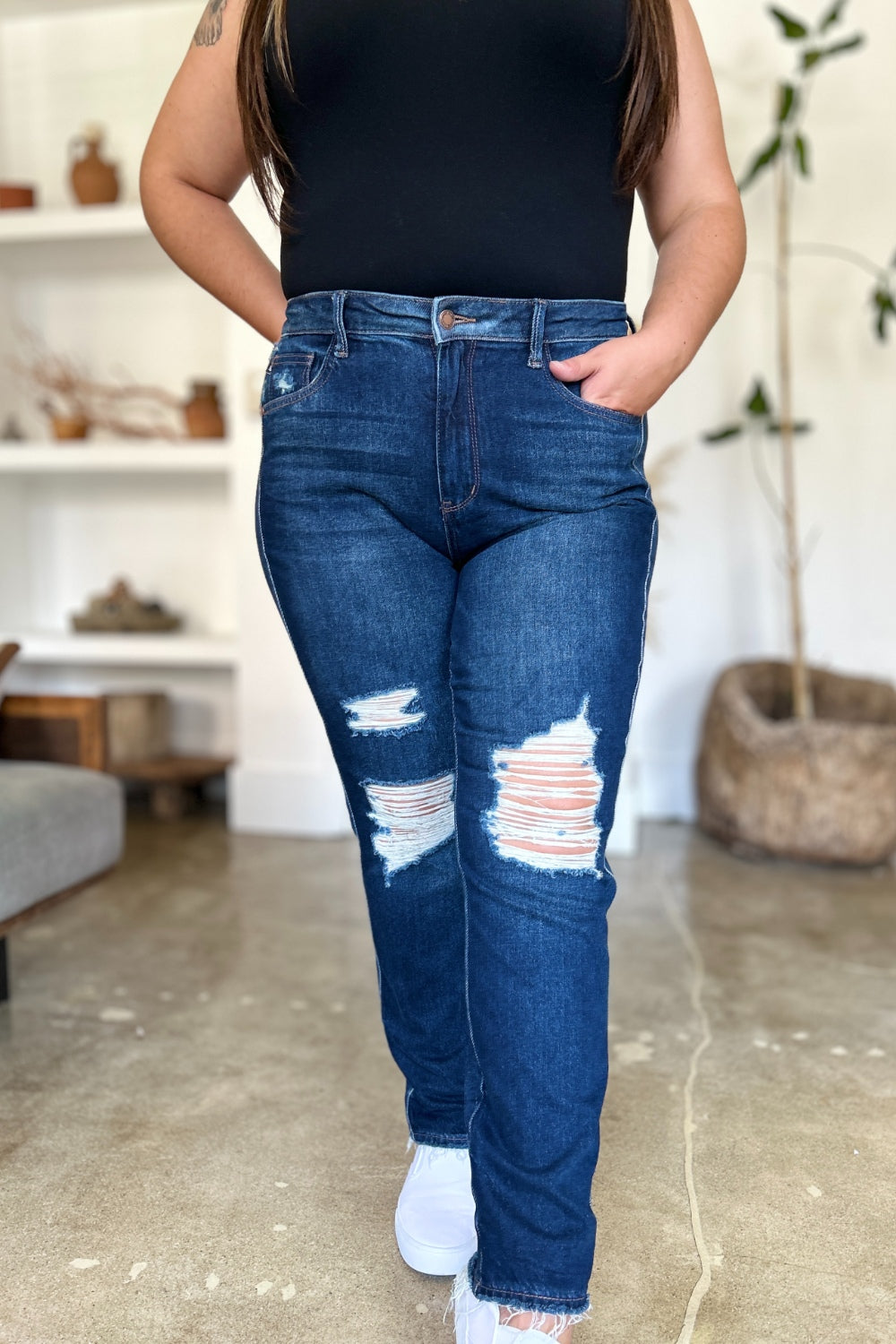 Judy Blue Jeans Full Size High Waist Rigid Magic Heavy Destroyed Straight For Curvy Women