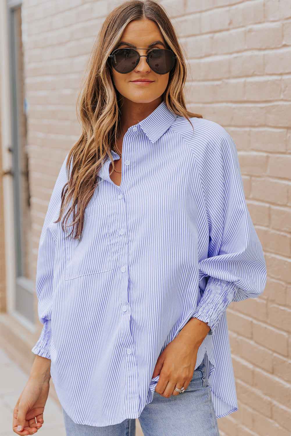 Striped Casual Blouse with Shirred Cuffs