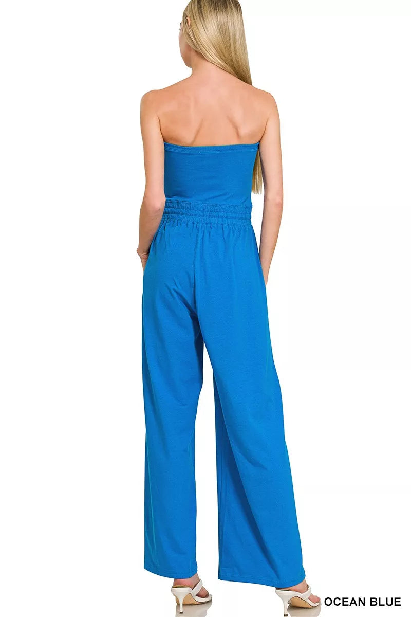 Ocean Blue Tube Top Jumpsuit with Drawstring Waist